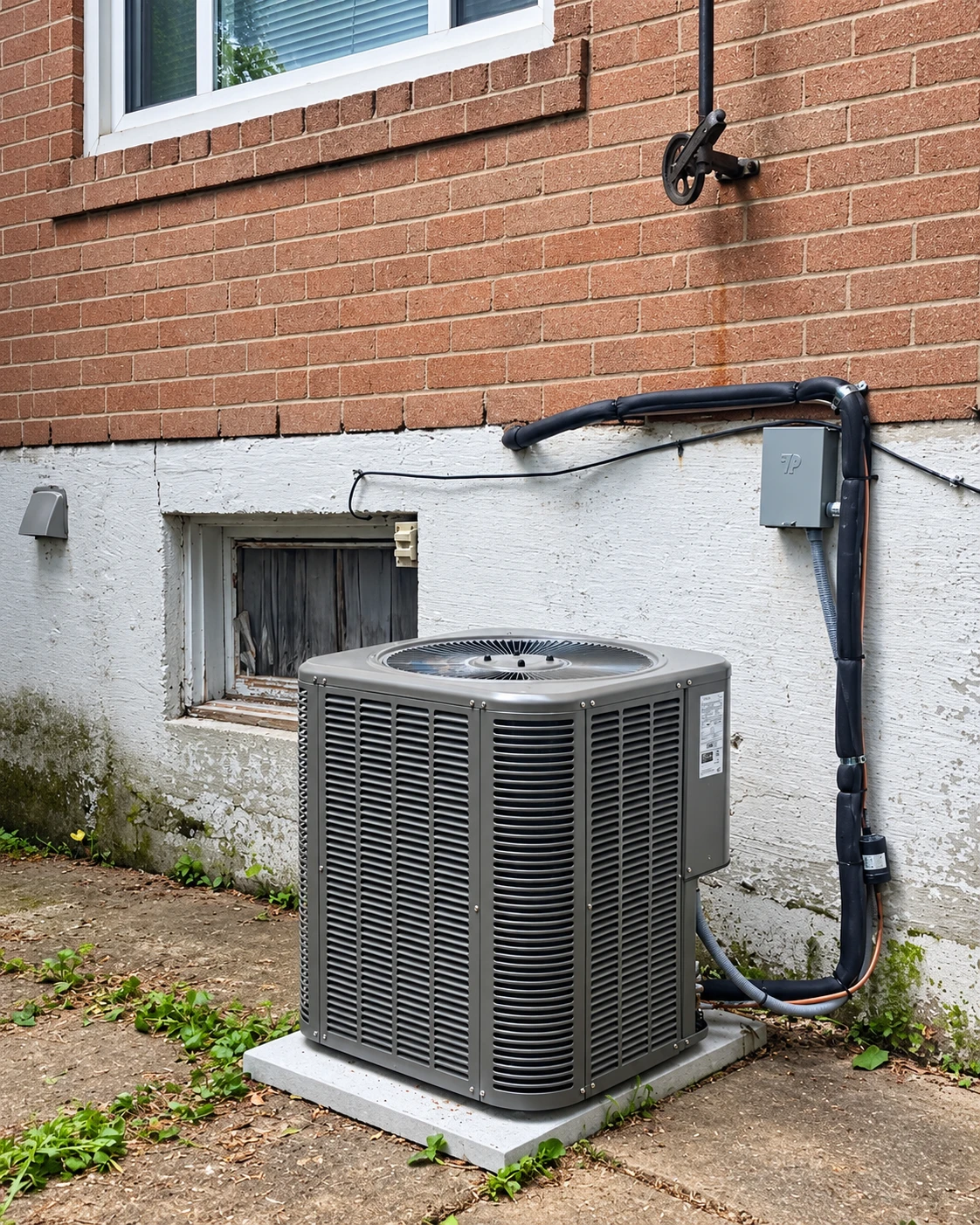 Outdoor air conditioner beside a brick house